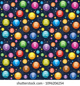 Repeat vitamin mineral wallpaper. Seamless pharmacy wrapping paper design. Multivitamin complex icons. A, B - B1, B2, B3, B5, B6, B9, B12, C, D, E, K multivitamin supplement logo, isolated background