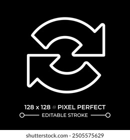 Repeat white linear icon for dark theme. Circular arrows. Synchronization. System update. Automation and processing. Loading. Thin line illustration. Isolated symbol for night mode. Editable stroke