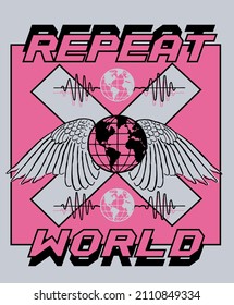 Repeat world test with globe and wing vector design for tee and poster