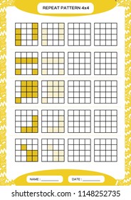 Repeat yellow pattern. Cube grid with squares. Special for preschool kids. Worksheet for practicing fine motor skills. Improving skills tasks. A4. Snap game. 4x4. Vector