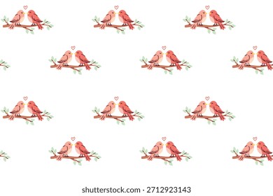 Fondo repetible con parejas de tortolitos en la naturaleza. Textura romántica para la moda de primavera, embalaje de vacaciones y scrapbooking de bodas.