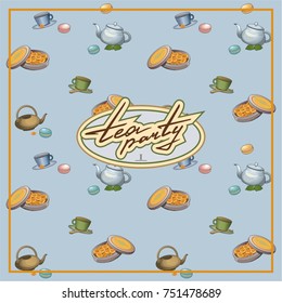 repeatable background with images of objects related to the tea parties such as teapots, mugs with saucers, sweets and cookies
