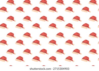 Repeatable background of red Christmas hats leaning to the side. Festive texture suitable for New Year packaging, textile design, and seasonal cards.