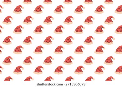 Wiederholbarer Hintergrund roter Weihnachtsmützen, die herunterhängen. Festliche Textur, geeignet für Neujahrspapier, Stoffdruck und Dekoration.