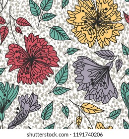 Repeatable background. Vector seamless pattern wild plants, herbs and flowers, fol artistic botanical illustration in folk style, hand drawn floral motif with outlined ornamental plants.