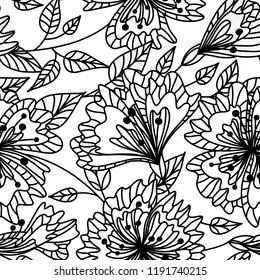Repeatable background. Vector seamless pattern wild plants, herbs and flowers, fol artistic botanical illustration in folk style, hand drawn floral motif with outlined ornamental plants.