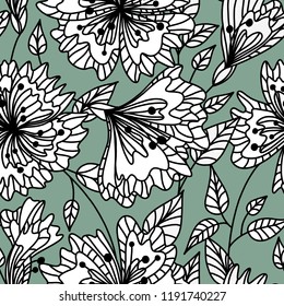 Repeatable background. Vector seamless pattern wild plants, herbs and flowers, fol artistic botanical illustration in folk style, hand drawn floral motif with outlined ornamental plants.