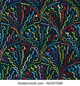 Repeatable background with zigzag fountains. Abstract design hand drawn doodle elements. Seamless pattern. Rainbow colors. Vector illustration.