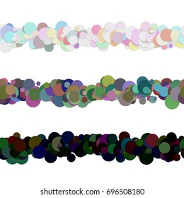 Repeatable chaotic dot pattern paragraph divider line design set - vector graphic decoration elements from multicolored circles with shadows