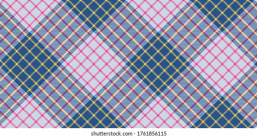 repeatable diagonal pattern of tartan ornament with yellow and pink threads on blue for textile texture blue monochrome colors