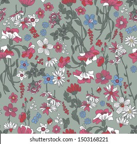 Repeatable floral pattern consisting of colorful wildflowers on khaki background.