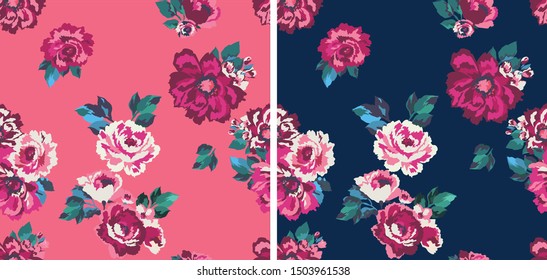 Repeatable floral pattern consisting of colorful roses on pink and blue background. svg