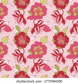 Repeatable floral pattern consisting of colorful flowers on rose background.