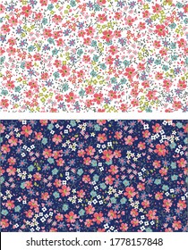 Repeatable floral pattern consisting of colorful wildflowers on white
and blue background.