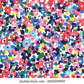 Repeatable floral pattern consisting of colorful scatter flowers on white background.