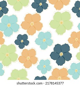 Repeatable floral pattern consisting of colorful scatter flowers on white background. Designed for fabric and wallpaper, vintage style.