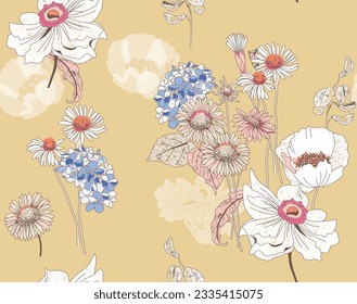 Repeatable floral pattern consisting of colorful wildflowers on yellow background.