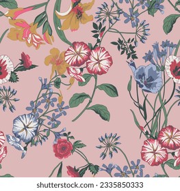 Repeatable floral pattern consisting of colorful wildflowers on rose background.