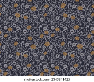 Repeatable floral pattern consisting of grey leves and golden flowers on dark grey background.