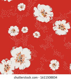 Repeatable floral pattern consisting of white flowers on red background.