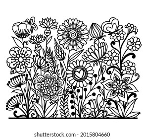Repeatable flowers line, black silhouette of floral garden on white background for printing, engraving or coloring. Vector illustration.