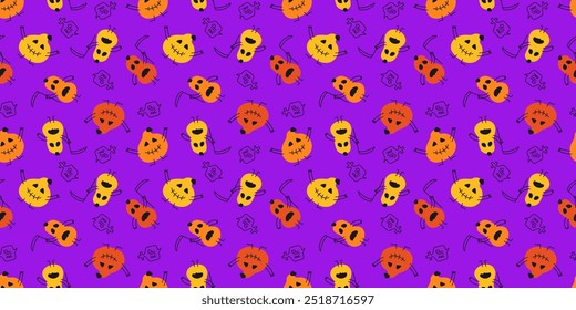 Padrão de abóboras de Halloween engraçado repetível no pano de fundo violeta. Personagens desenhados à mão emocional em design sem costura. Rip, Ceifador sombrio.