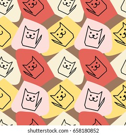 Repeatable geometrical seamless pattern with simple smiling cat silhouettes placed on colorful spots. Funny childish texture. Soft yellow, coral, beige colors.