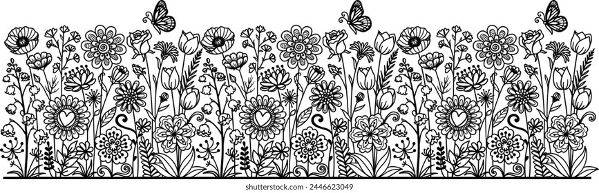 Repeatable hand drawn spring flowers meadow with butterfly. Seamles border pattern. Floral field including poppy, tulips and doodle style flowers. Vector illustration.