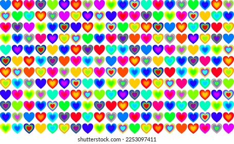 Repeatable heart background with randomly arranged colorful hearts.
