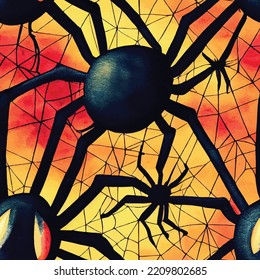 A repeatable illustration of spiders and spider net on a red and orange background