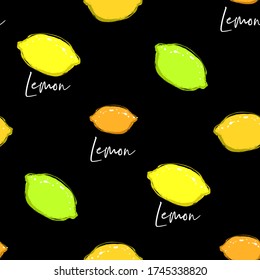 Repeatable lemons on black background. Seamless pattern background. Tropical print for wallpaper design. Cute vector fruits.