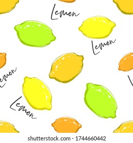 Repeatable lemons on white background. Seamless pattern background. Tropical print for wallpaper design. Cute vector fruits.