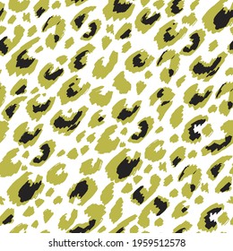 Repeatable leopard print, animal camouflage seamless pattern. Wildlife and ornaments, texture of leo or cheetah. Background or print with spots and modern design ornaments. Vector in flat style