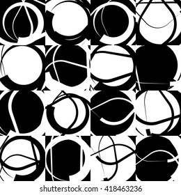 Repeatable monochrome, geometric pattern with random, scattered intersecting circles. Black and white repeatable pattern.