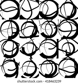 Repeatable monochrome, geometric pattern with random, scattered intersecting circles. Black and white repeatable pattern.
