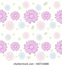 Repeatable motif with lacy flowers and small bugs and flies. Abstract Nature pattern. Soft colors. Seamless in any directions. Vector illustration.