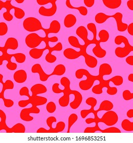 Repeatable, organic, red blobs on pink background. Inspired by groovy lava lamps and psychedelic 70s art.