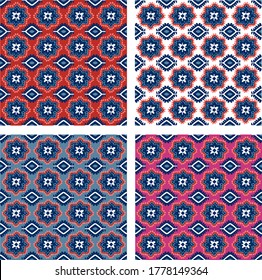 Repeatable oriental pattern with colorful design on background in red, white, blue and pink