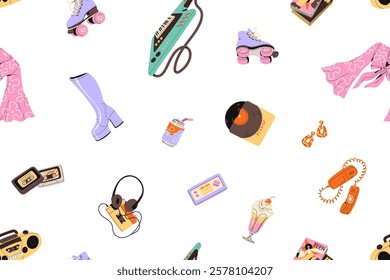 Repeatable pattern of 80s accessories. Different items of 1980s style on endless background: tape recorder, retro cassettes, fashion magazines, vinyl. 1980 nostalgia. Flat seamless vector illustration