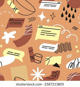 Repeatable pattern of abstract elements, different doodles, geometric shapes. Endless background with geometry, outline forms, speech bubbles, signs, maths figures. Flat seamless vector illustration