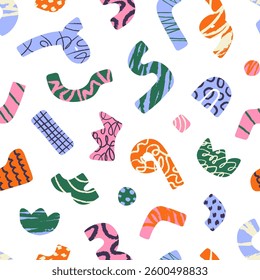 Repeatable pattern of abstract geometric shapes, elements are ornamented with scribbles. Endless background with different doodles, curved lines, crooked figures. Flat seamless vector illustration