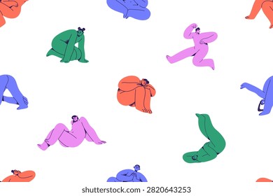 Repeatable pattern of abstract naked people in lying and sitting poses. Endless background of colored characters meditate, dream and practice yoga postures. Flat seamless vector illustration