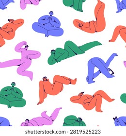 Repeatable pattern of abstract people in different poses. Endless background of naked characters practice yoga, meditate, have a rest in sitting and lying postures. Flat seamless vector illustration