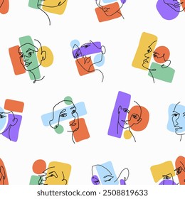 Repeatable pattern of abstract women portraits in one line art style with geometric shapes. Endless background with sketches of faces stylized by continuous curve. Outline seamless vector illustration