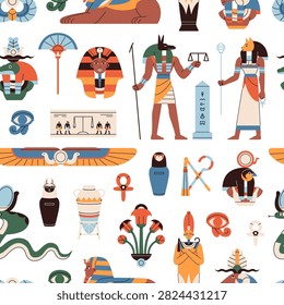 Repeatable pattern of ancient Egypt. Endless background of mythology of old Egyptian civilization with pyramids, gods, sphinx, pharaohs, statues and antique items. Flat seamless vector illustration