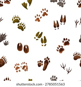 Repeatable pattern of animals tracks. Endless background of different traces of paws and hooves of wildlife. Silhouettes of foot prints. Footprints of wolf, moose. Flat seamless vector illustration