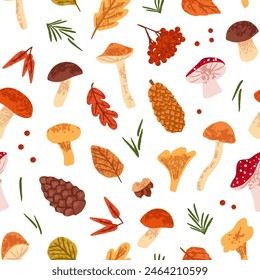 Repeatable pattern of autumn nature. Different dry foliage, fir needles, fall rowan leaves and berries. Various mushrooms: fly agaric, boletus on endless background. Flat seamless vector illustration