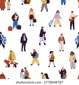 Repeatable pattern of busy, hurring city crowd. Endless background of tiny people walking, strolling dogs, playing guitar, travelling with suitcases and standing. Flat seamless vector illustration