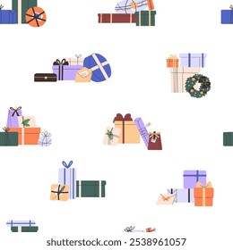 Repeatable pattern of Christmas presents heaps. Endless background with different festive gift boxes for holiday. Wrapped Xmas giftboxes, piles of New Year surprises. Flat seamless vector illustration