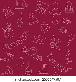 Repeatable pattern for Christmas wrapping paper. Lined icons on red, burgundy background. 